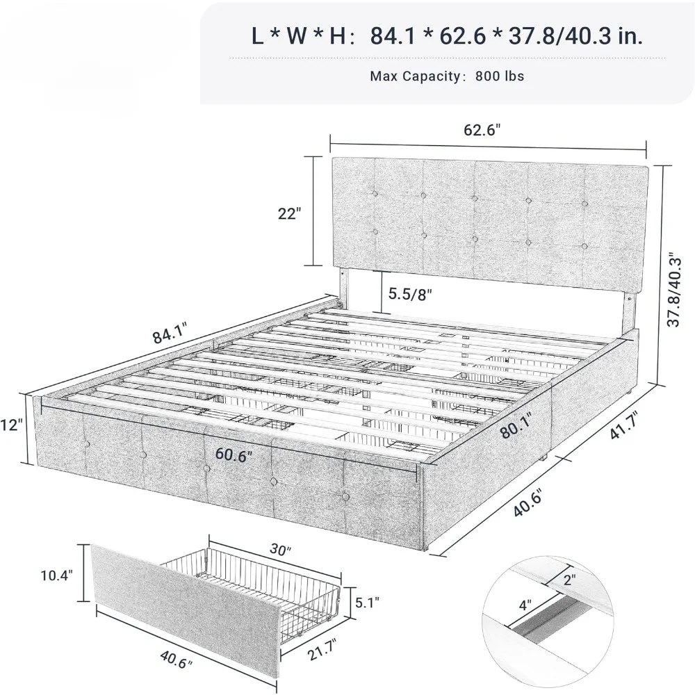 Upholstered Queen Size Platform Bed Frame with 4 Storage Drawers and Headboard, Square Stitched Button Tufted