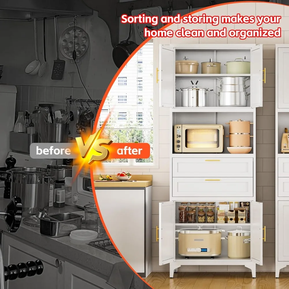 75" Tall Metal Storage Cabinet,Pantry Storage Cabinet with 2 Drawers and Open Space,Kitchen Cupboard with Adjustable Shelves image 6