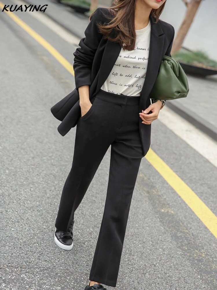 Casual Vintage Formal Pantsuit Double Breasted Blaser Jackets Solid Elegant Pantalons 2 Piece Female Business Trousers Outfits