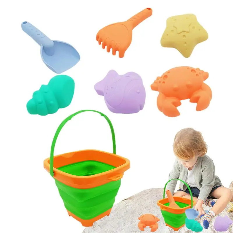 

Toddler Beach Toys 7PCS Cute Beach Toy Set Portable Rake Shovel Cute Sand Molds Foldable Beach Bucket With Mesh Bag For Summer