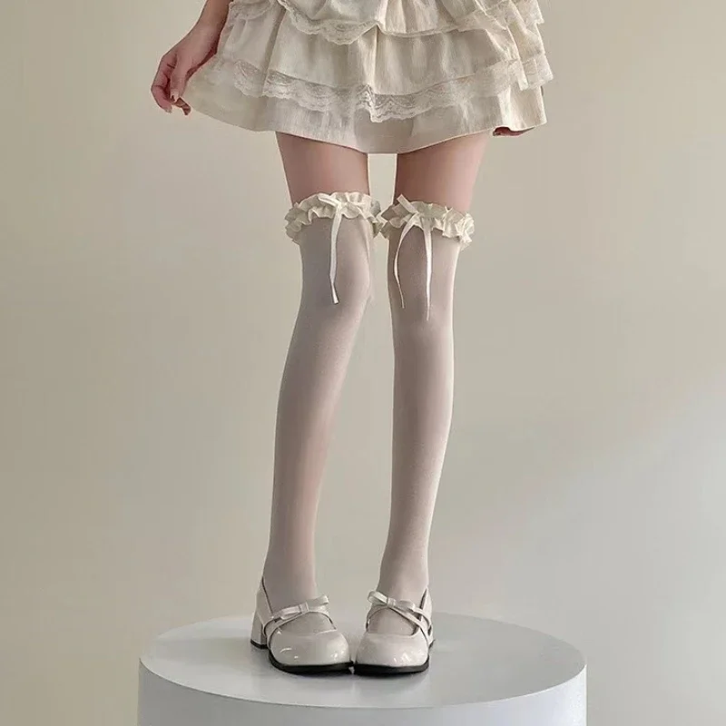 Damen Spitzenstrümpfe Schwarz Weiß mit Rüschen, süße Overknee-Strümpfe für Mädchen, JK Lolita Nylon-Spitzenleggings mit Schleife