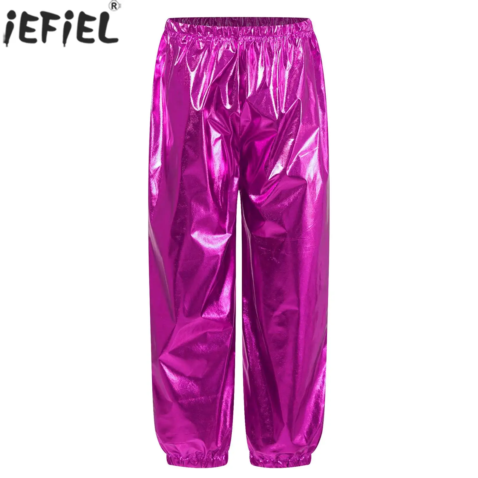 

Kids Metallic Shiny Mid Waist Jogger Pants Cheerleading Hip Hop Jazz Dance Trousers School Party Show Stage Performance Costume