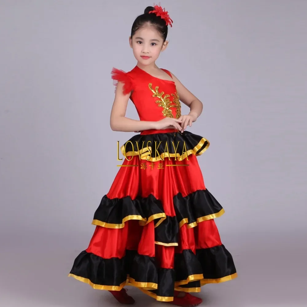 Red Belly Dance Dress Kids Girls Spanish Flamenco Costume Ballroom Tribal Dress With Head Flower