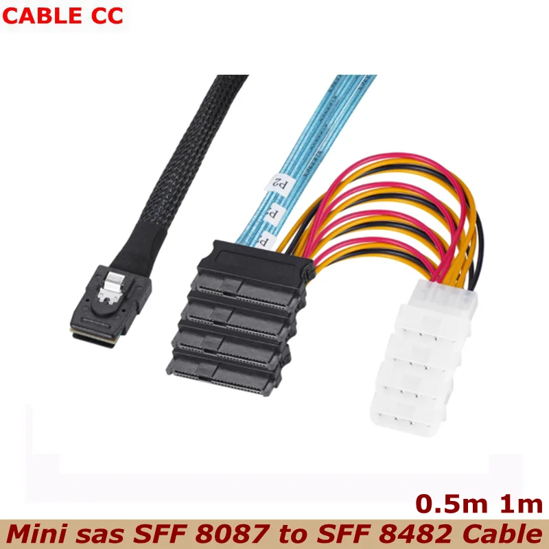 New 1m Mini SAS cable SFF 8087 to 4 SFF -8482 large 4PIN 15pin power hard disk data cable SFF-8087 Host to 4 SAS 29Pin Cable