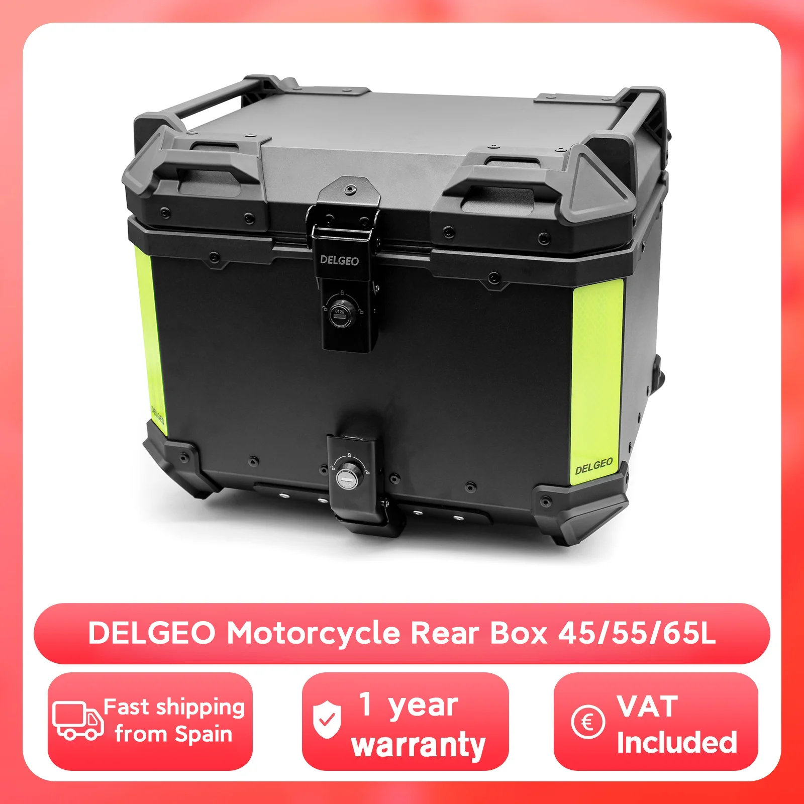 DELGEO Boîte arrière de moto 45/55/65L en alliage d'aluminium étanche et antichoc avec kit de fixation compatible avec la plupart des modèles universels