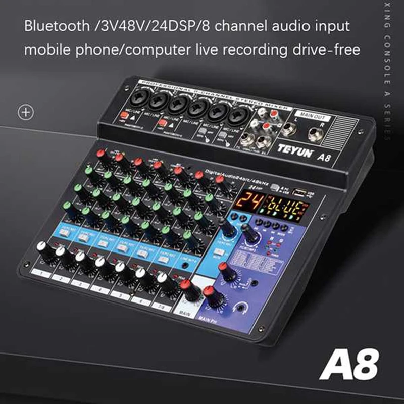 Sound Card Audio Mixer Sound Board Console Desk System Interface 8 Channel USB Bluetooth 48V Power Stereo (EU Plug)