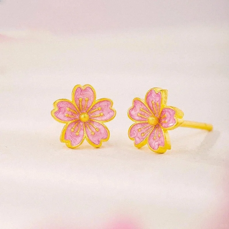 純銀ゴールドメッキピンク桜イヤリング女性の花エナメル耳ジュエリーかわいい小さな絶妙な韓国スタイル