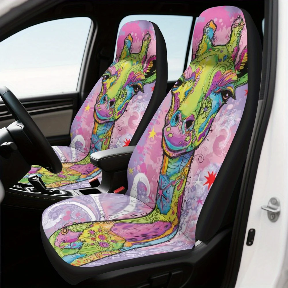 

2 шт. Чехлы на автомобильные сиденья с принтом жирафа — яркий розовый и зеленый животный дизайн, моющийся и прочный полиэстер, универсальный подходит для спереди S