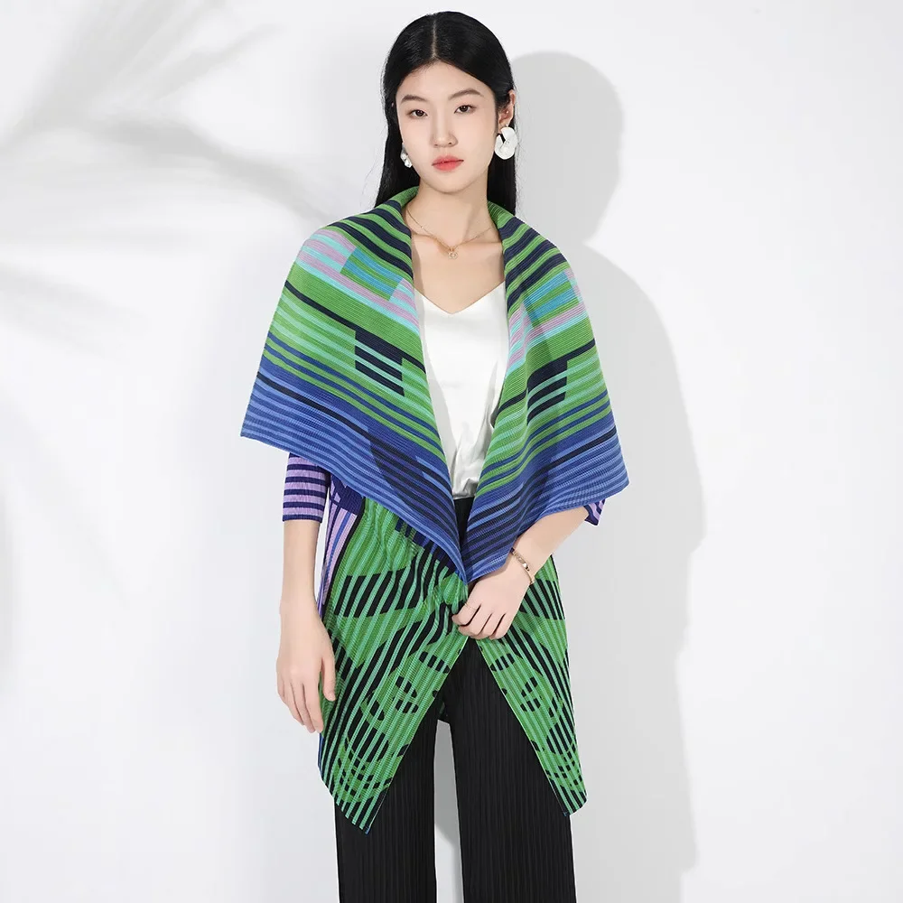 Miyake Pleated Print Fashion Casual Coat 2024 Autumn New Large Lapel Seven-quarter Sleeve Cardigan Medium and Long Outer Top