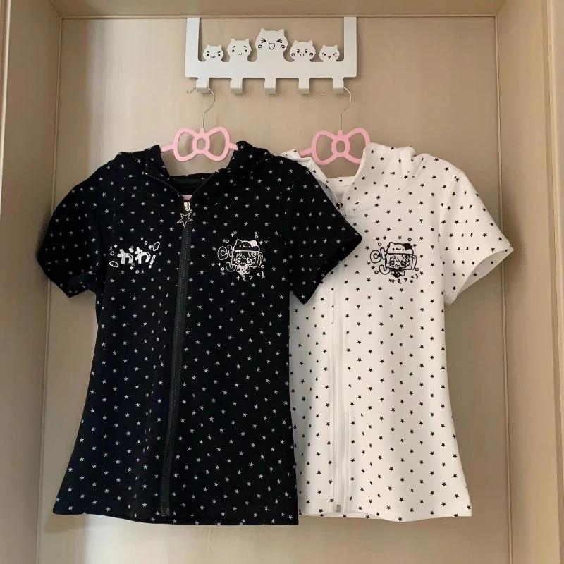 Japanese Kawaii Cute Polka Dot Hooded Short Sleeve T-Shirts Women Summer Fashion Lovable Casual Zipper Designer Hoodie Outfits