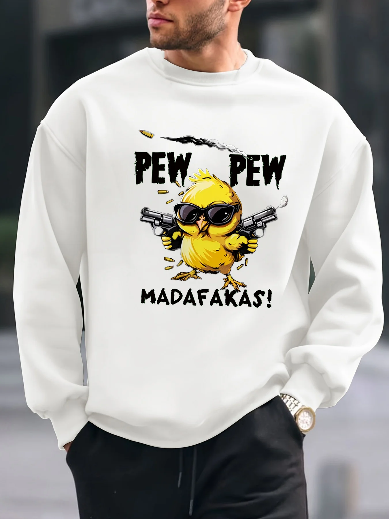 Men's autumn and winter fashionable casual loose angry chicken graphic printed long sleeved round neck sweatshirt