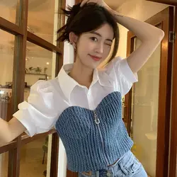 Hikigawa Chic Fashion Women Denim Patchwork Shirts Spring Vintage Slim Short Sleeve Zipper Blouse All Match Tops Ropa Mujer