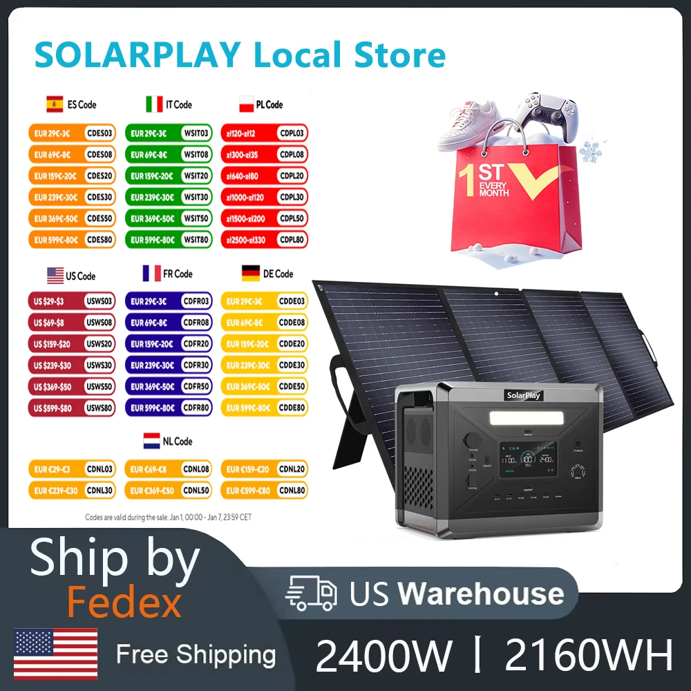 SOLARPLAY  2400W Power Station 2160Wh Portable Lifepo4 Battery 675000mAh UPS Energy Storage Supply With 200W Solar panel ForHome