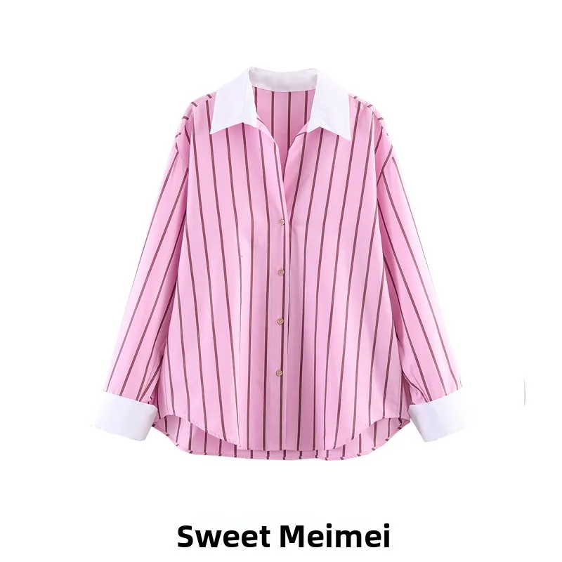 

Loose Long Sleeve Striped Shirt Color Block Cuff Turn-down Collar Women's Comfortable Breathable Polyester Spring Fashion