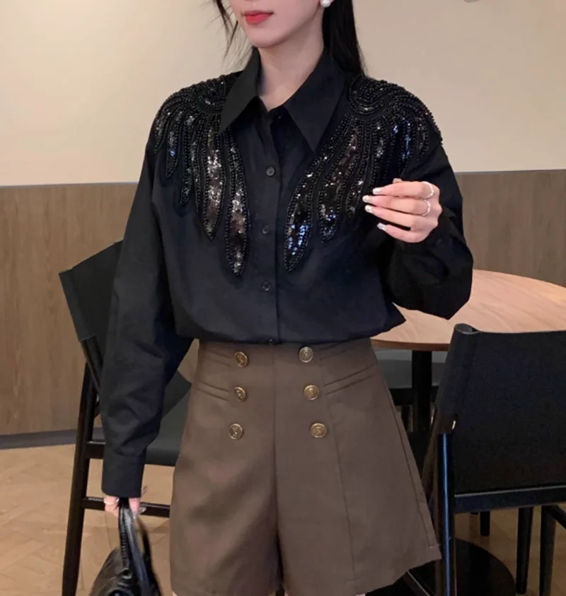 

Женская блузка свободного кроя с блестками и бисером в европейском стиле, элегантная универсальная рубашка с длинными рукавами на весну-лето 2023 г.