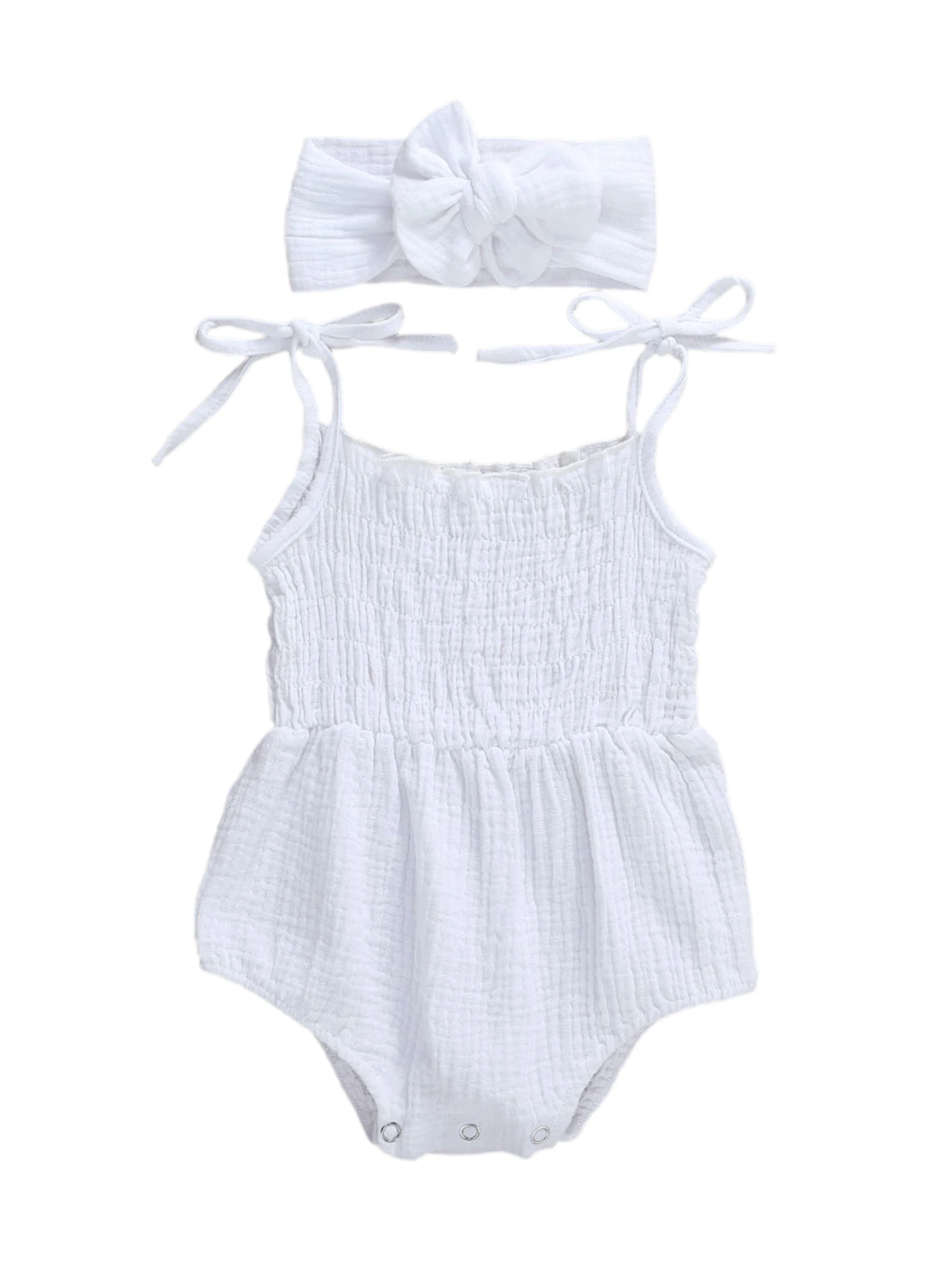 

Adorable Baby Girls Sleeveless Romper Set with Matching Headband Cute Ruffled Jumpsuit with Button Closure and Shoulder Ties