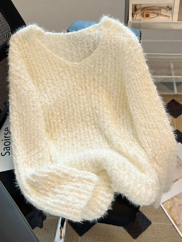 

Французский модный свободный свитер в ленивом стиле с v-образным вырезом, женский однотонный милый элегантный пуловер, осень 2024, тонкий прямой топ с длинными рукавами