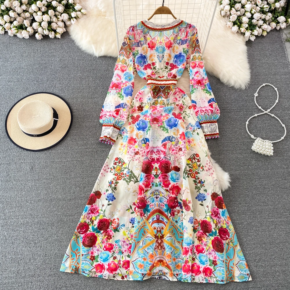 2023 New Runway Flower Elegant Chiffon Maxi Dress Women Deep V Neck Long Sleeve Floral Print Holiday Party Split Robe Vestido