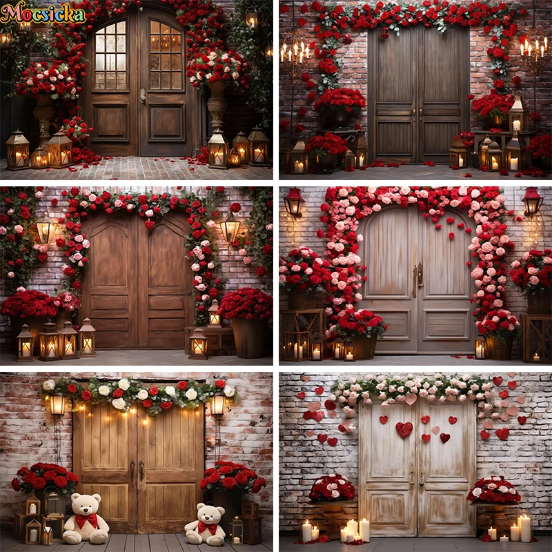 

February 14 Valentine's Day Photography Background Vintage Wooden Door Romantic Roses Decor Adult Portrait Photo Booth Props