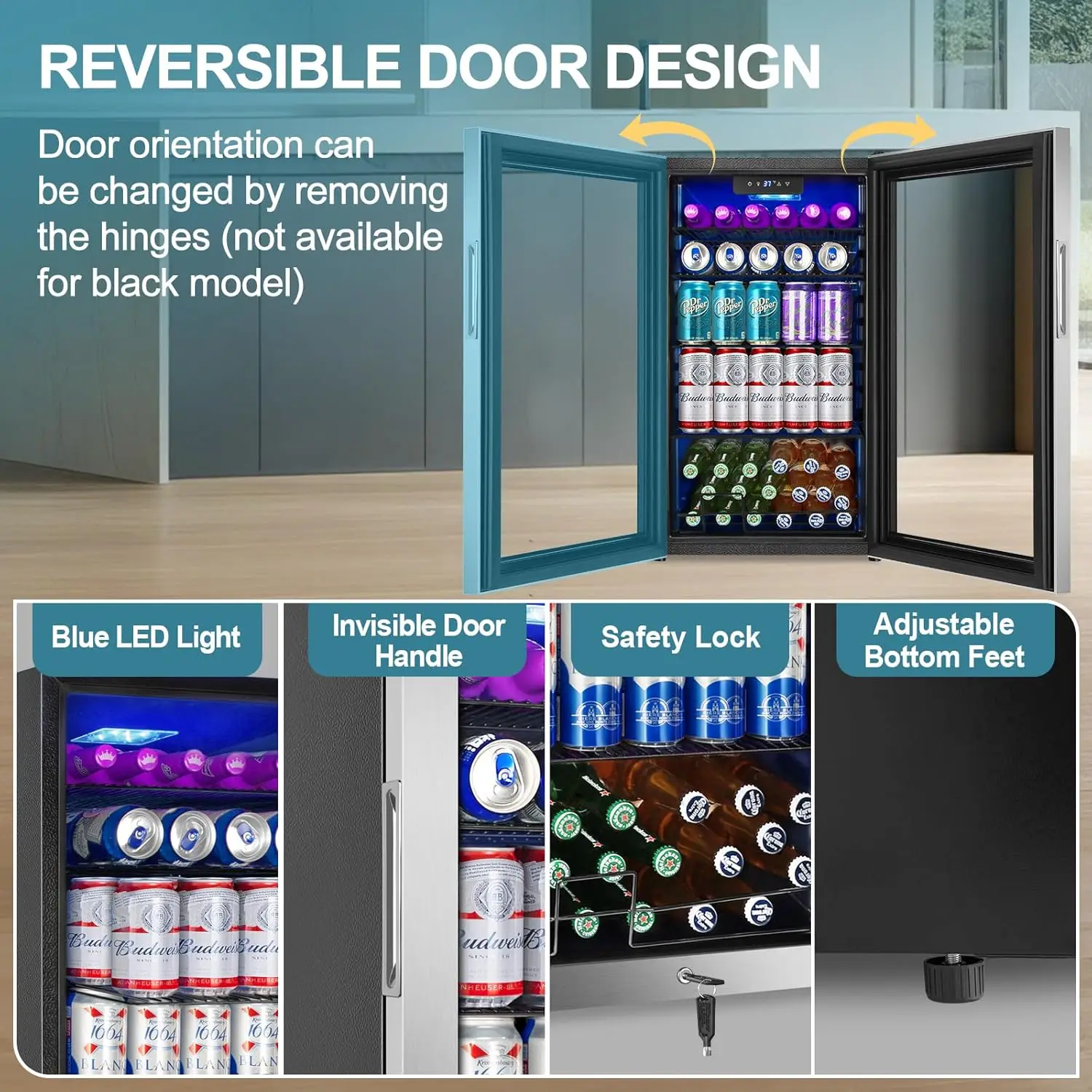 3.2 Cu.Ft 128 Cans Beverage Refrigerator Cooler Mini Drink Fridge Glass Door for Beer Soda Wine Beer Fridge Customized