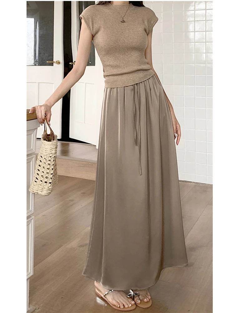 Summer New Women's Half Length Skirts Hot Selling Satin Finish Elastic Waist Lace-up Casual A-Line Simplicity Solid Vestidos