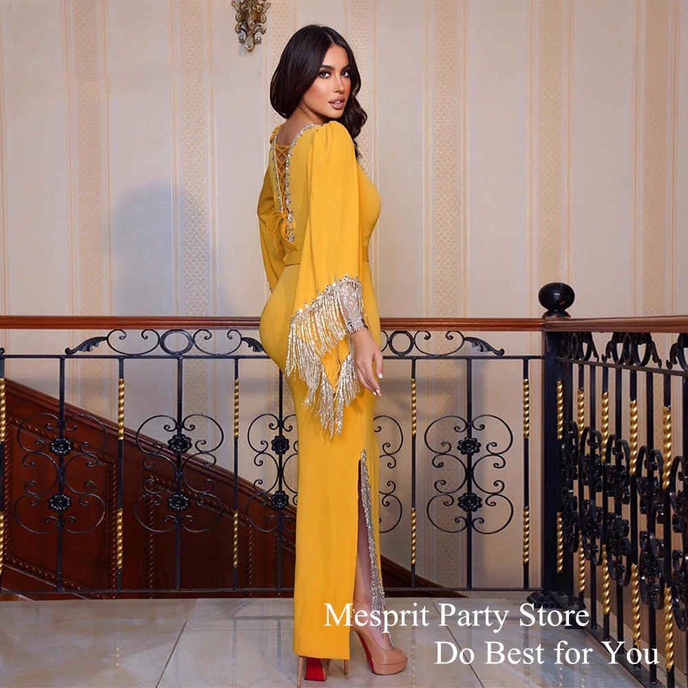 Bright Yellow Prom Dress Customized Arab Special Occasion Dresses V Neck Batwing Sleeves Beading Mermaid Evening Gown Weddings