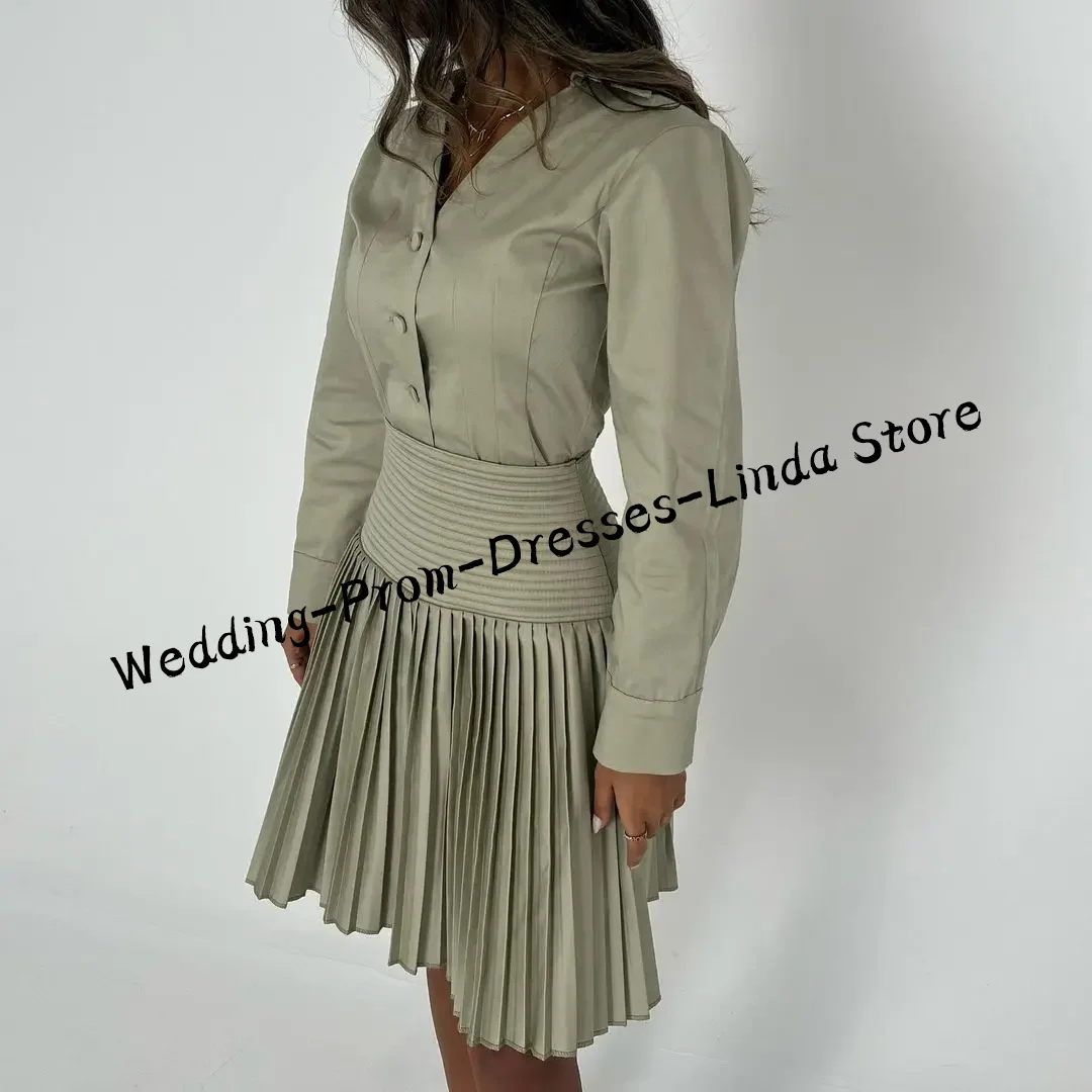 Classic Satin Full Sleeve Button Pleat A-Line Formal Evening Dresses Birthday Party Prom Gowns Customized 2