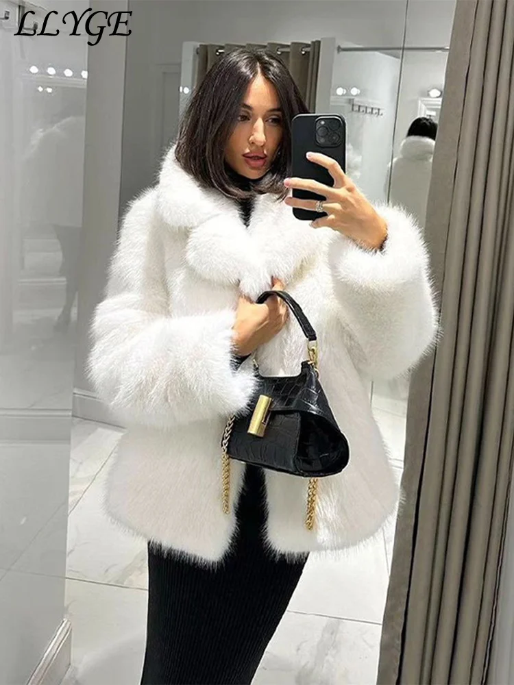 Elegant Women\'s Faux Fur Coat Loose Lapel Long Sleeve Female Furry Jacket 2024 Autumn Winter Lady Street Luxury Plush Overcoat