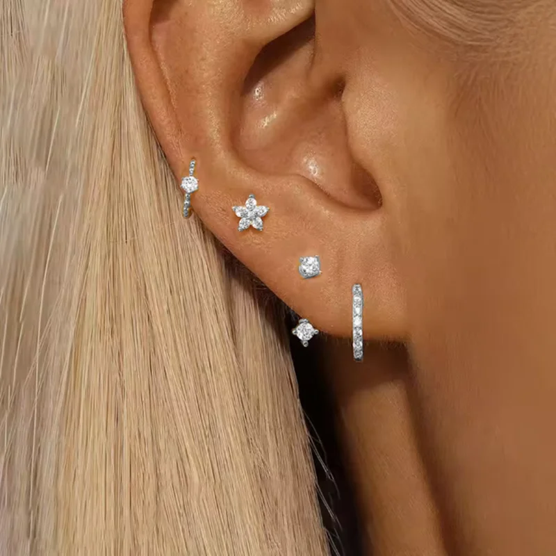 4PCS Mode Zirkon Runde Hoop Ohrring Set Frauen Temperament Blume Ohr Stud Huggie Ohrring Tragus Piercing Knorpel Schmuck