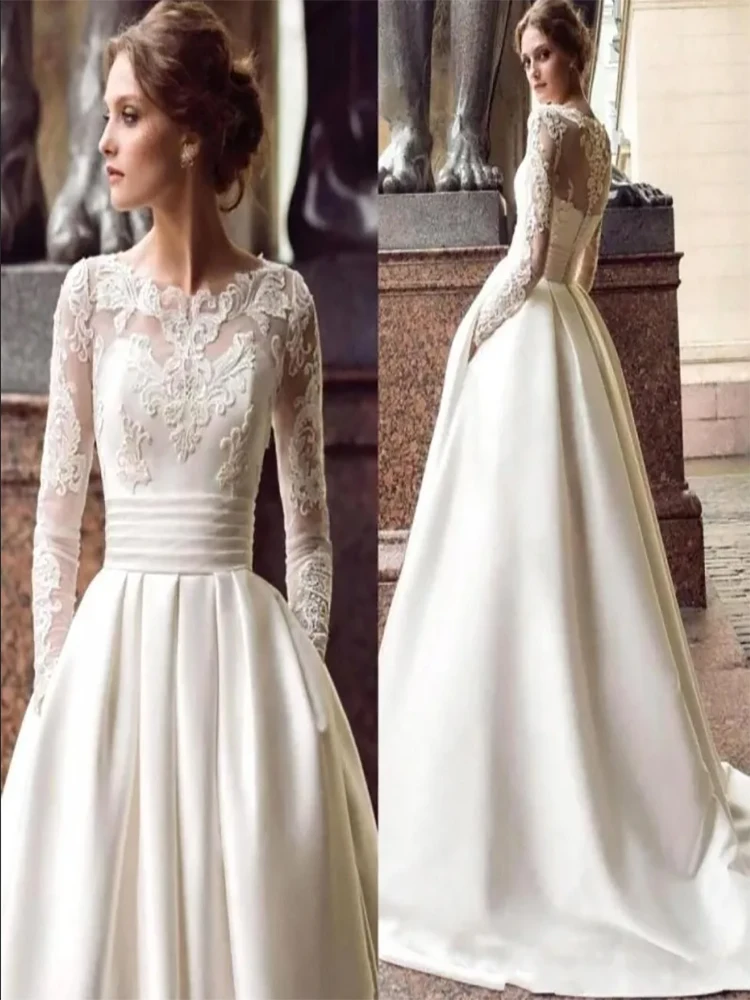 Classical Long Sleeve A Line Vintage Wedding Dresses  Satin Appliqued  Bridal Gowns Turkey Sweep Train