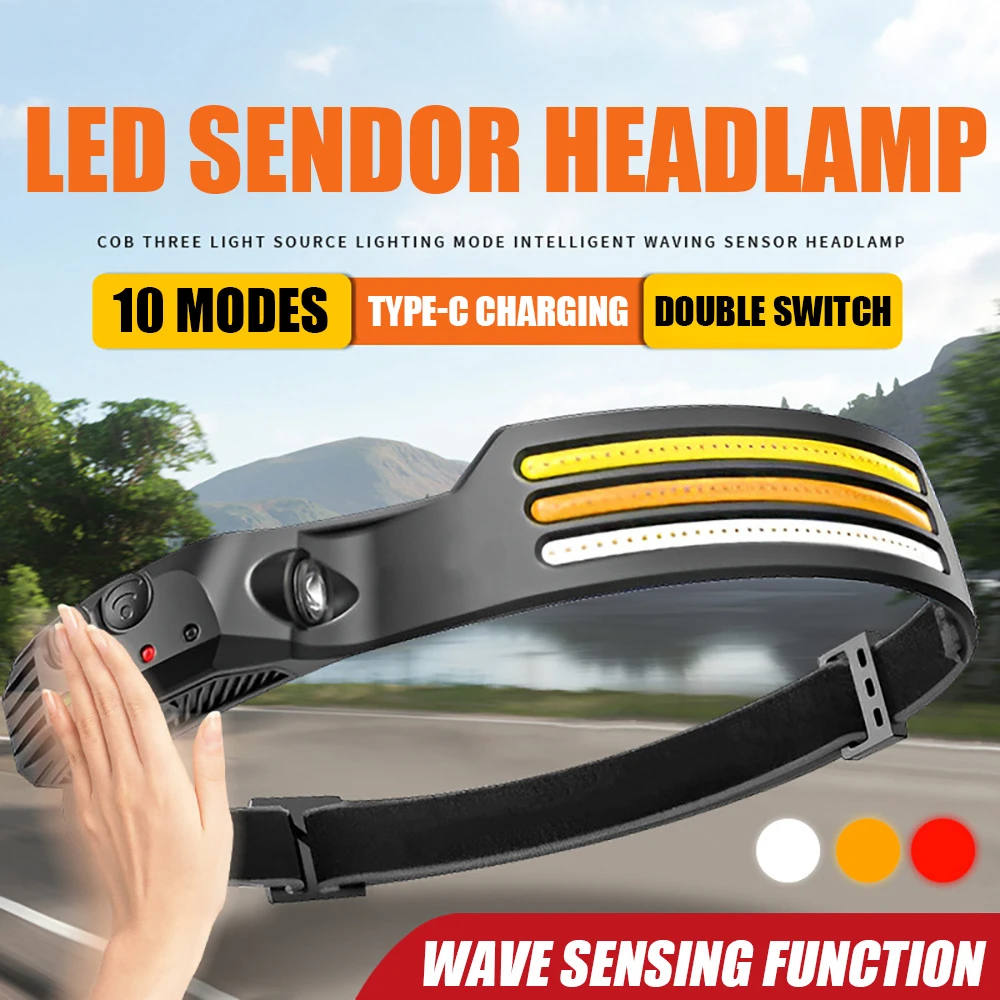 Rechargeable Headlamp LED Sensor Headlight COB Working Light with Built-in Battery Outdoor Waterproof Camping Fishing Flashlight