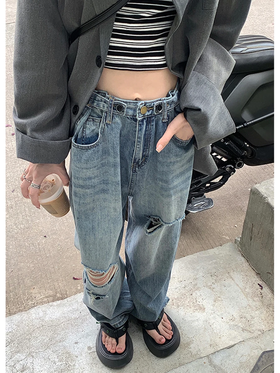

High Waist Wide Leg Jeans Women's Summer Thin Denim Pants Bell Bot Torn Hole Ripped Loose Fit Floor Length