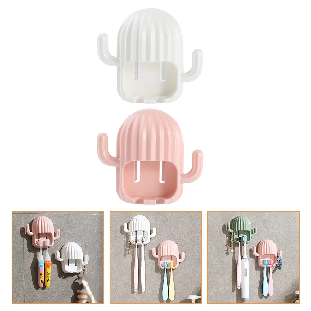 

2 Pcs Toothbrush Holders Cactus Shape Pink Sturdy Bathroom Storage No Hole Punch Easy Operation Plastic Racks