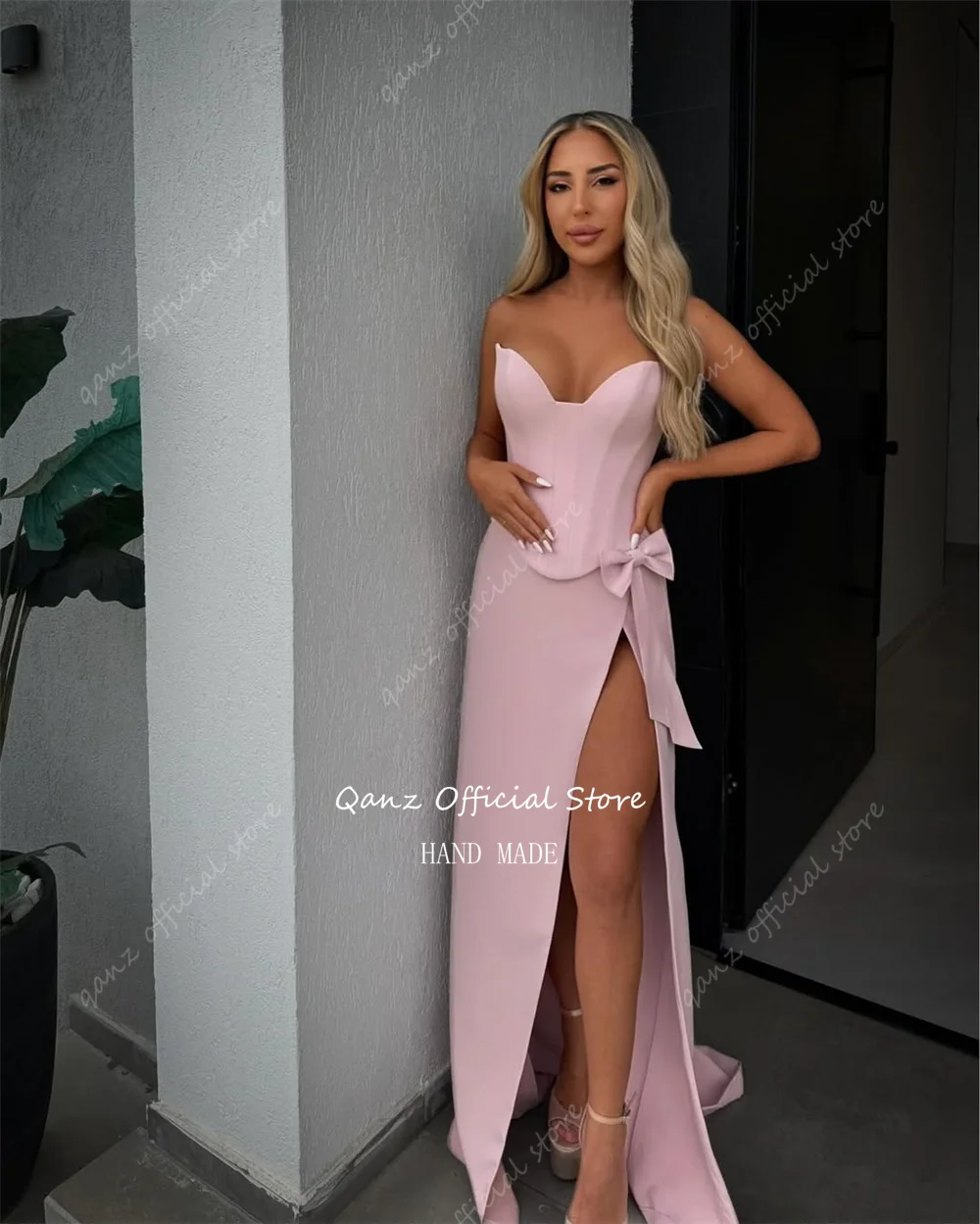 Qanz Modest High Slit Satin Prom Dresses Pink Mermaid With Bow Wedding Party Dress Corset Back Vestidos Para Mujer Customized image 3