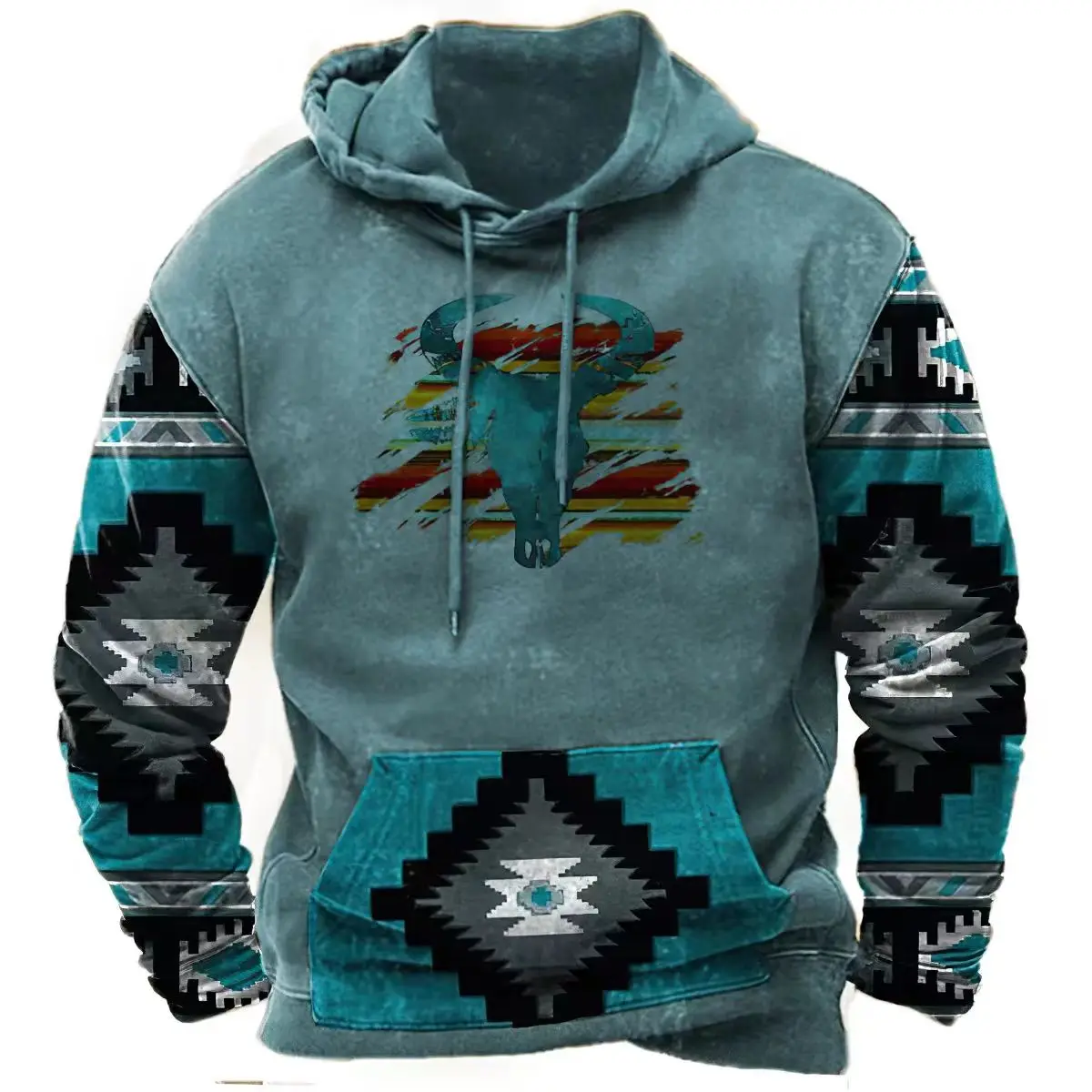 

Man‘S Vintage Sweatshirt Winter Autumn Casual Hoodies Long Sleeve 3D Tribal Print Hooded Classic Velvet Warmth Mens Clothing