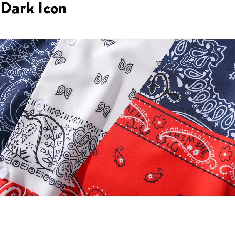 Dark Icon Bandanna Print Retro Shirts Turn-down Collar Men Streetwear Short Sleeve Shirts Men Top