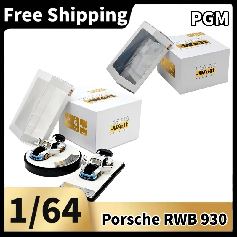[In Stock] PGM 1/64 RWB Modified Widebody Collectible Car Model, White‑Blue Alloy Vehicle With Display Base & Original Gift Box