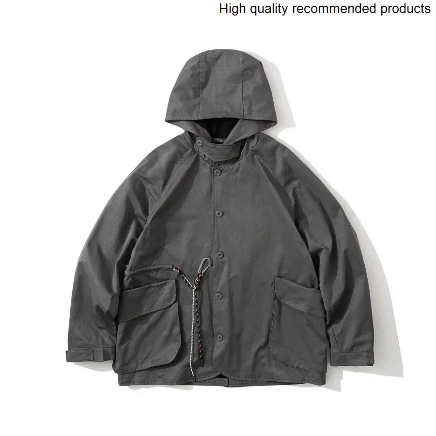 

Outdoor Belt Cityboy Men Rope Fashion Loose Windproof Hooded Cargo Jacket Overcoat Streetwear Sport Coat Jacket Outerwear