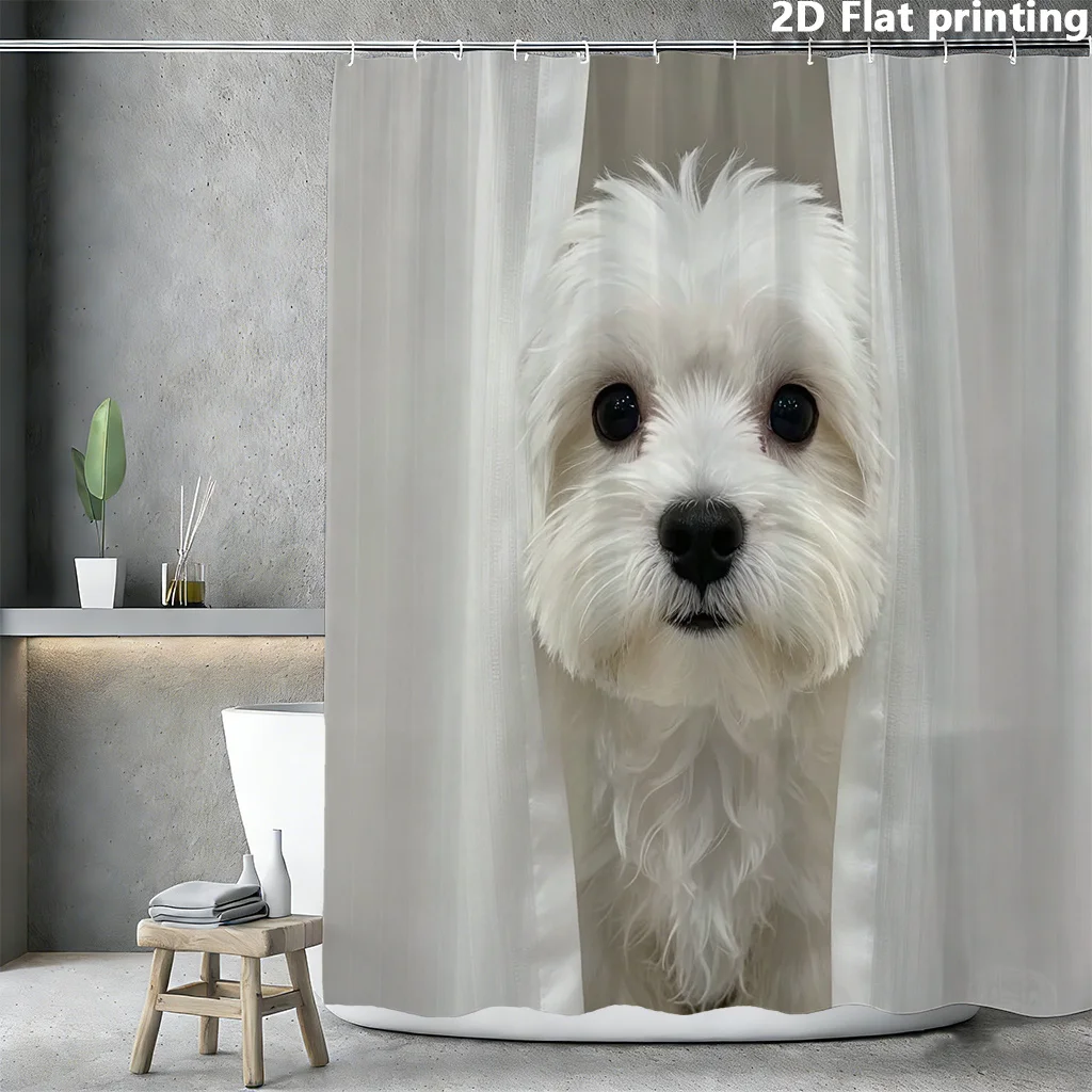 

Белая шторка для душа с изображением собаки, 1 шт., полиэстер, 2D плоская печать, 70.8x70.8 дюймов, реалистичное изображение собачьей мордочки, с люверсами