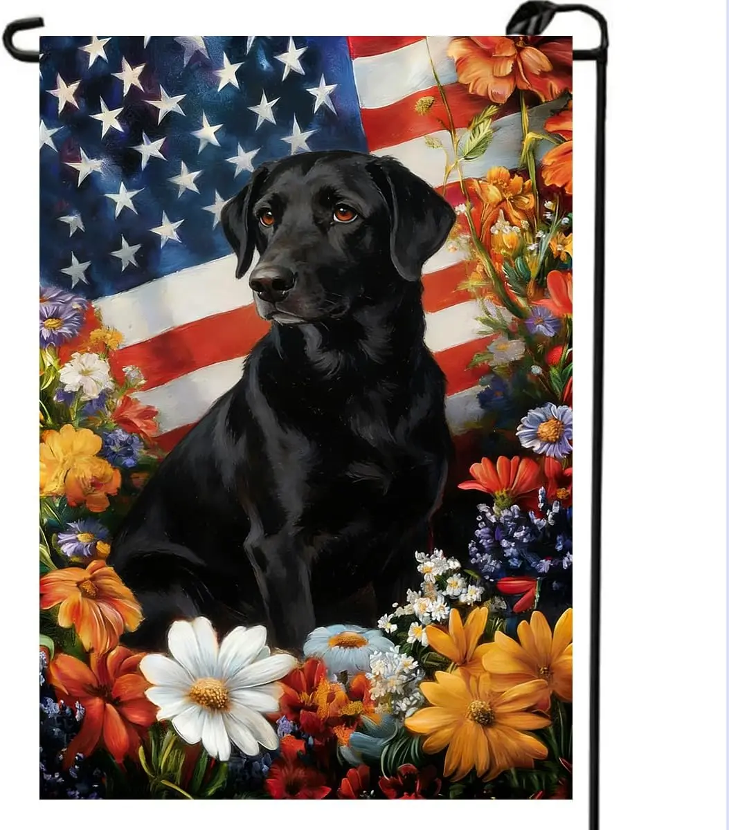 4th of July Garden Flag 12x18 Double Sided, Small Burlap Holiday Black Lab Dog Independence Day Memorial Day Patriotic Yard jjp