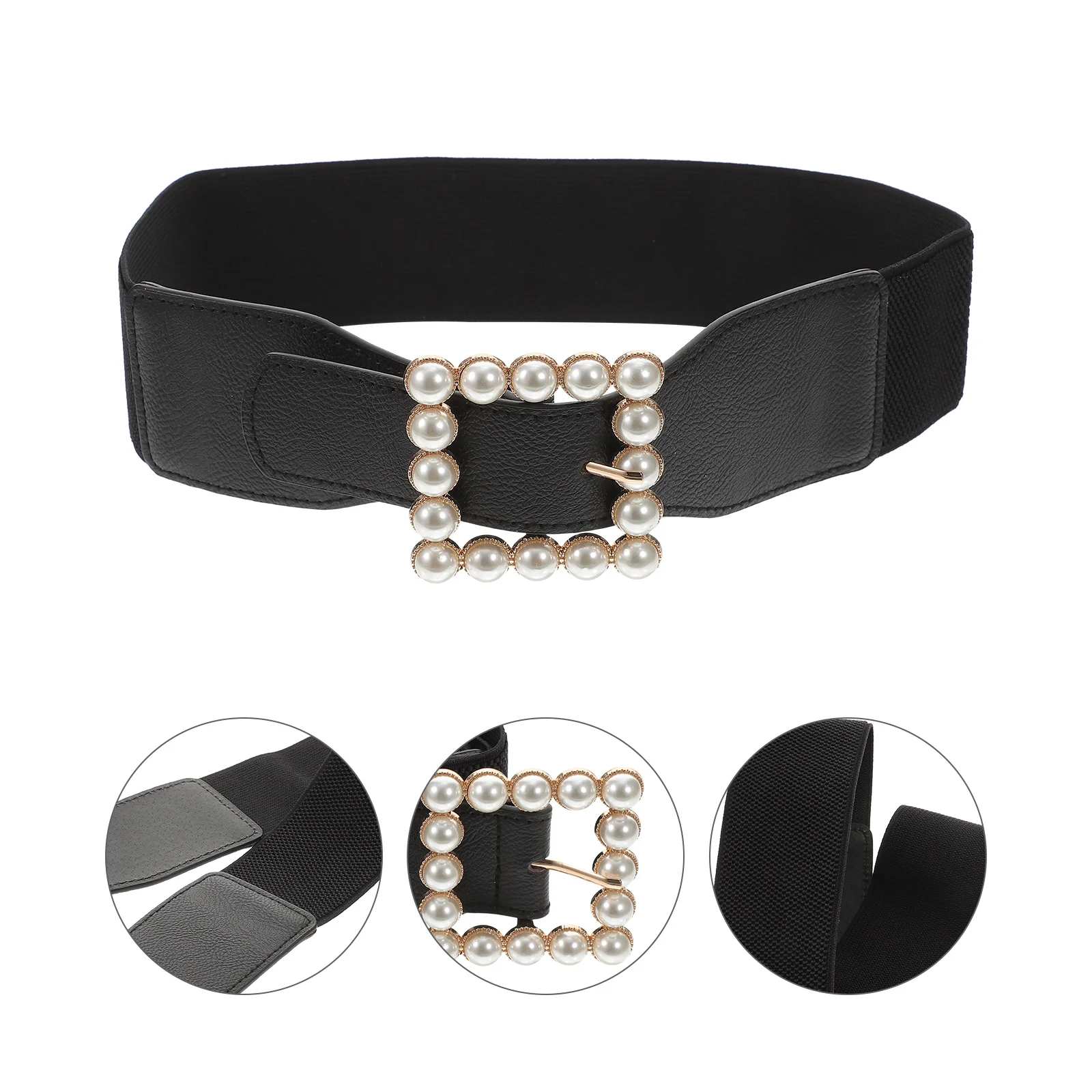 

Pearl Square Buckle Waist Belt Black Elastic Cummerbund Fashion Waist Corset Belt Skirt Ornament Ladies Decorative Waistbands