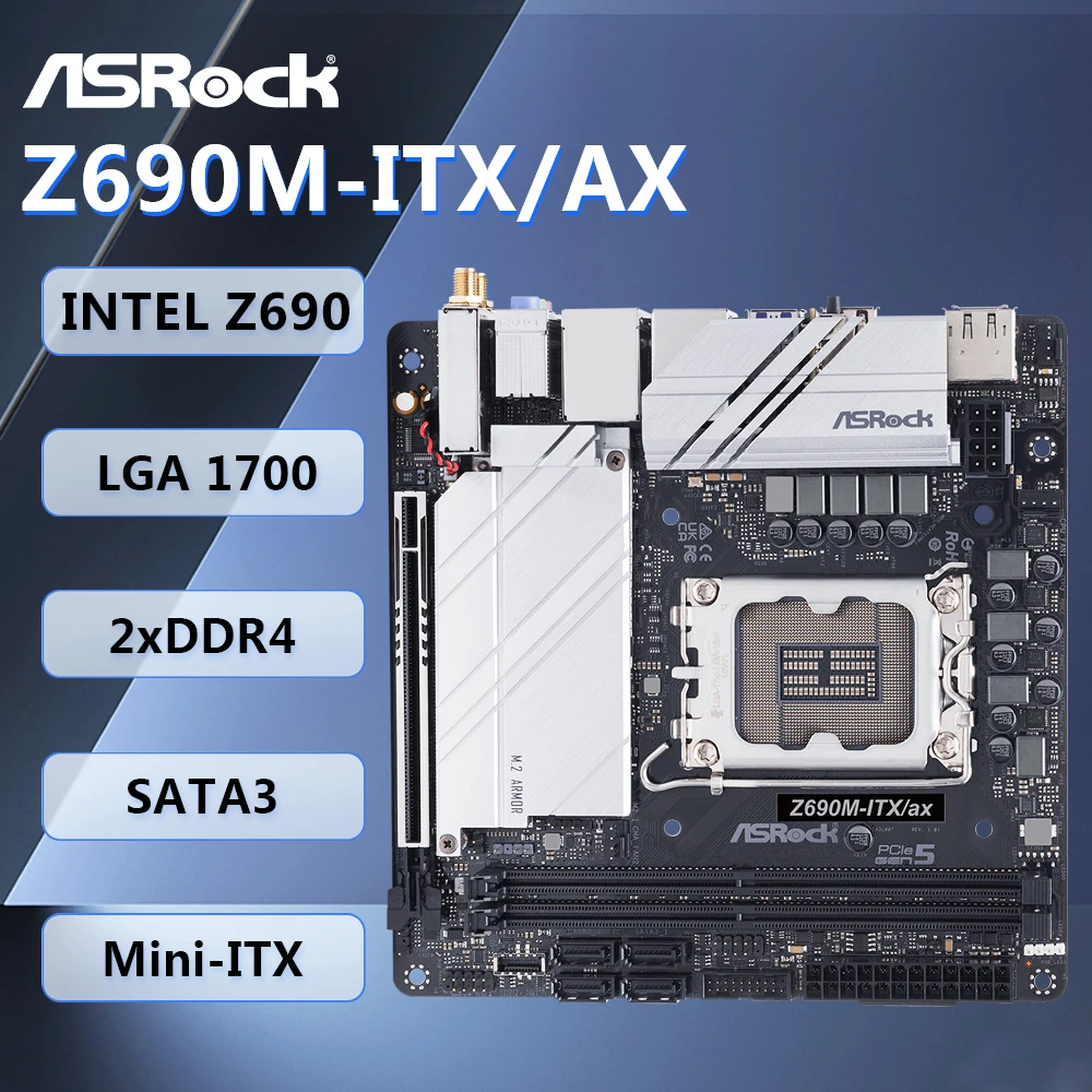 

Материнская плата ASRock Z690M-ITX/AX Mini-ITX Intel Z690, набор микросхем LGA1700 DDR4 64 ГБ SATA3 HDMI DP WIFI для Intel Core 12/13/14 поколения