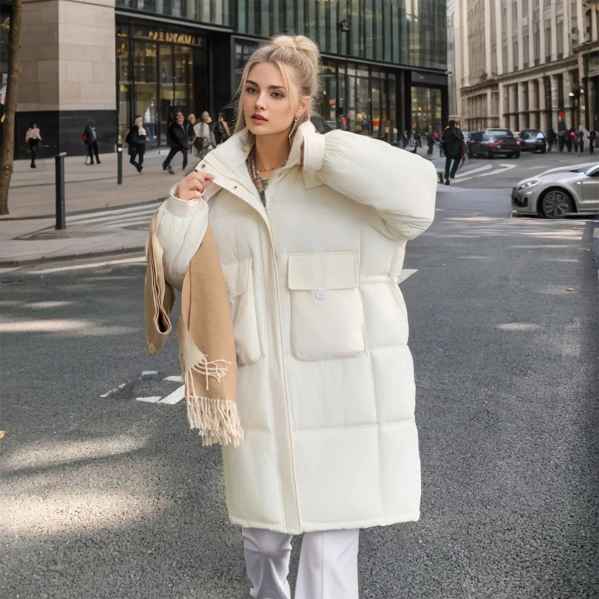 Parkas com capuz monocromático feminino, grosso, quente, longo, jaqueta de algodão, cordão na cintura, casaco feminino, inverno, 2022