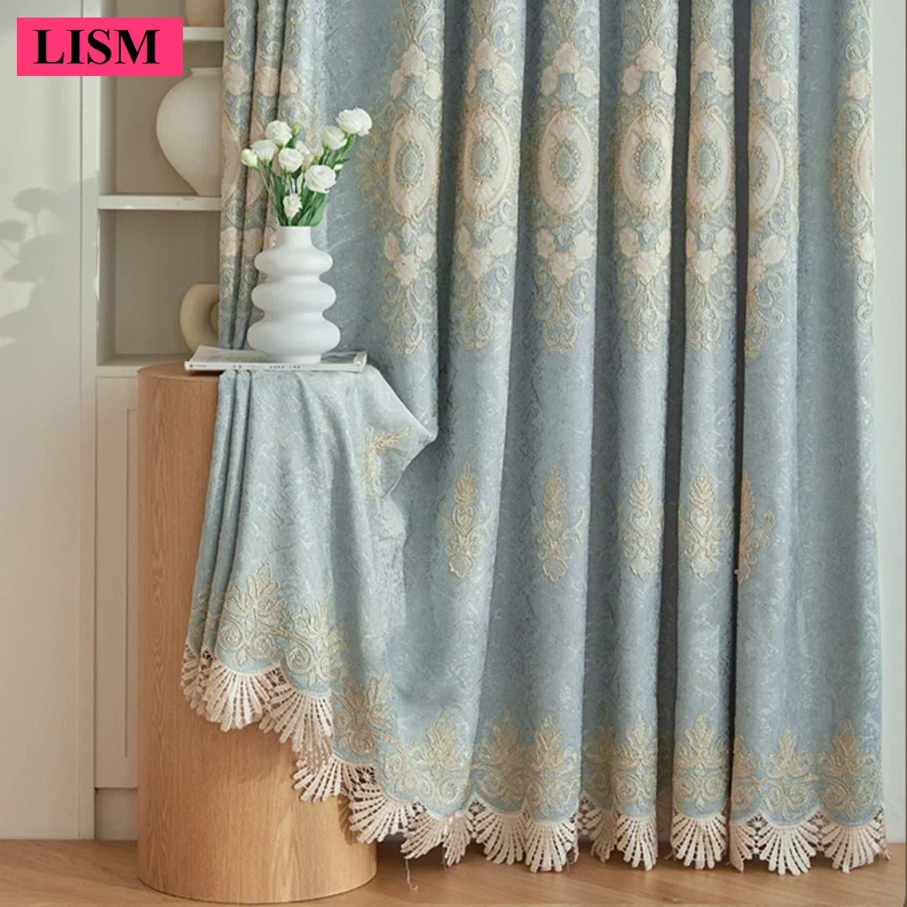 European Chenille Curtains For Living Room Bedroom Window Blue Embroidered Luxury Thicken Blackout Colth Decor Custom Lace Tulle