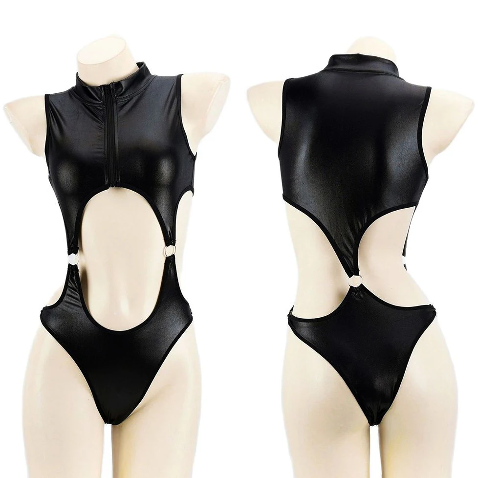 

Sexy Black Hollow Out Leather Bodysuit Lingerie Women Girl Anime Cosplay Swimwear Tights Outfits Costumes