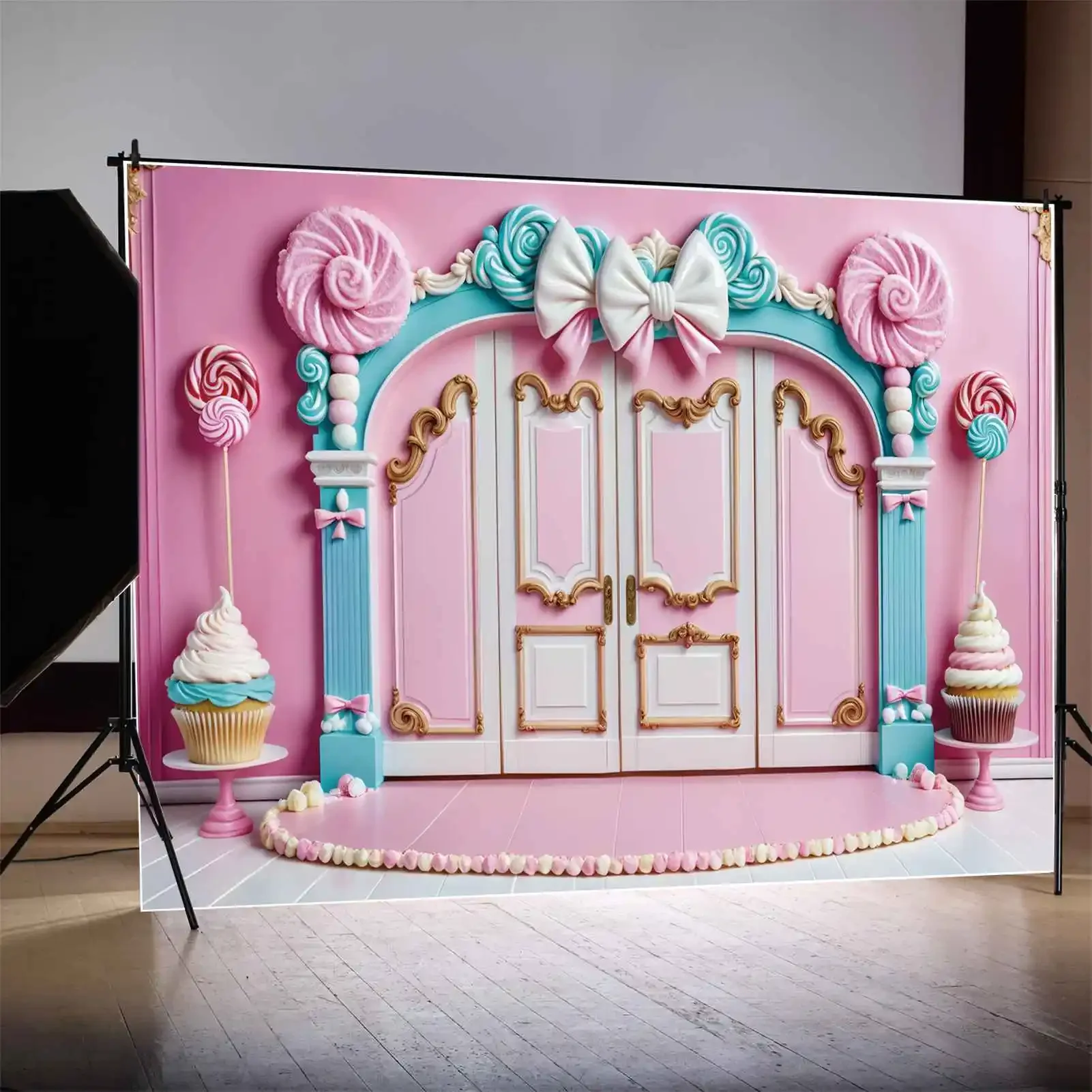 Moon.qg ฉากหลังของเด็กผู้ชายเด็กผู้หญิงอมยิ้มวันเกิดปาร์ตี้พื้นหลังอุปกรณ์ประกอบฉากการถ่ายภาพยิงโบว์การตกแต่งประตูโฟโต้คอล