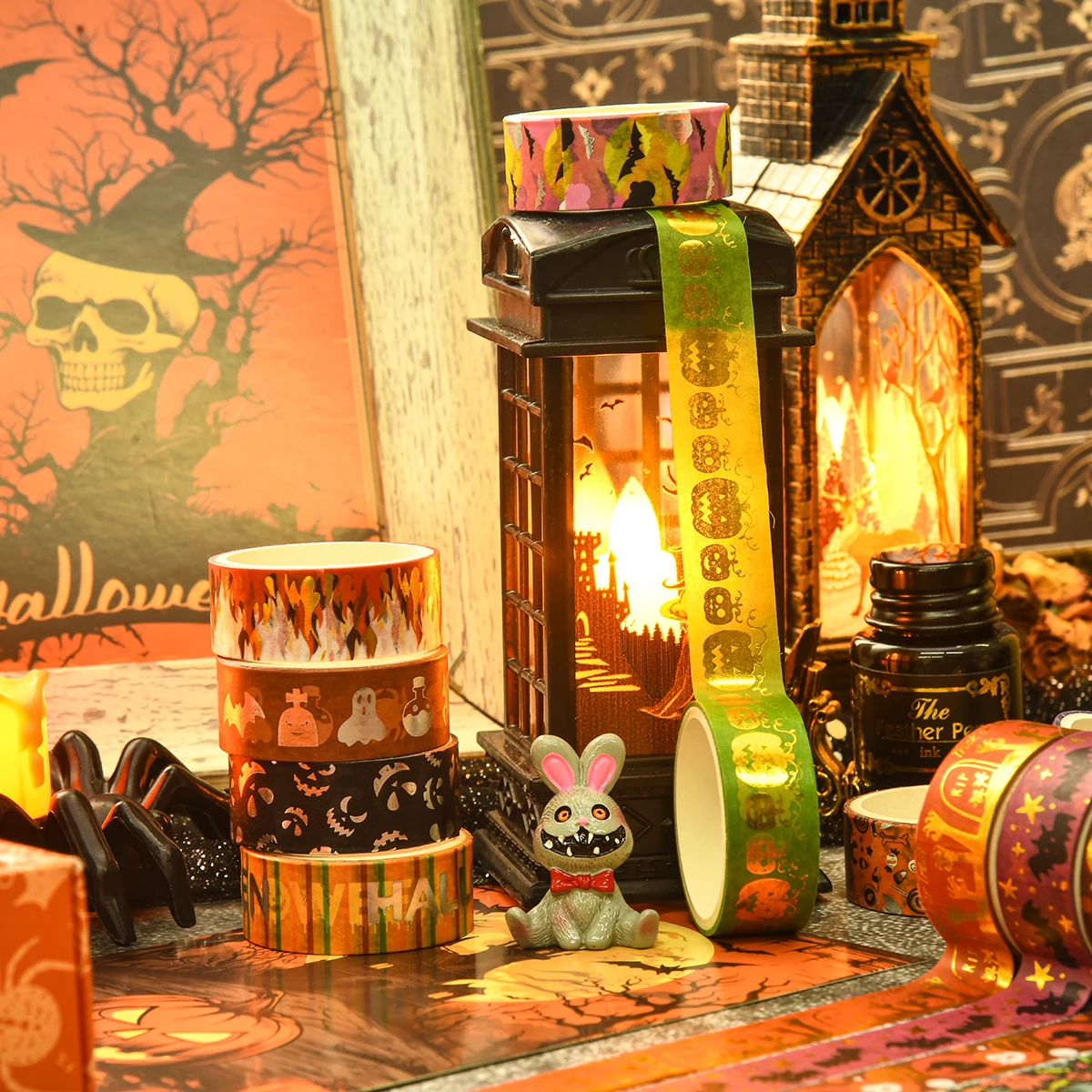 17 لفة/صندوق، شريط واشي رائع بنمط الهالوين، تصميم عملية برونزية مبتكرة، لتزيين حفلات الهالوين بنفسك