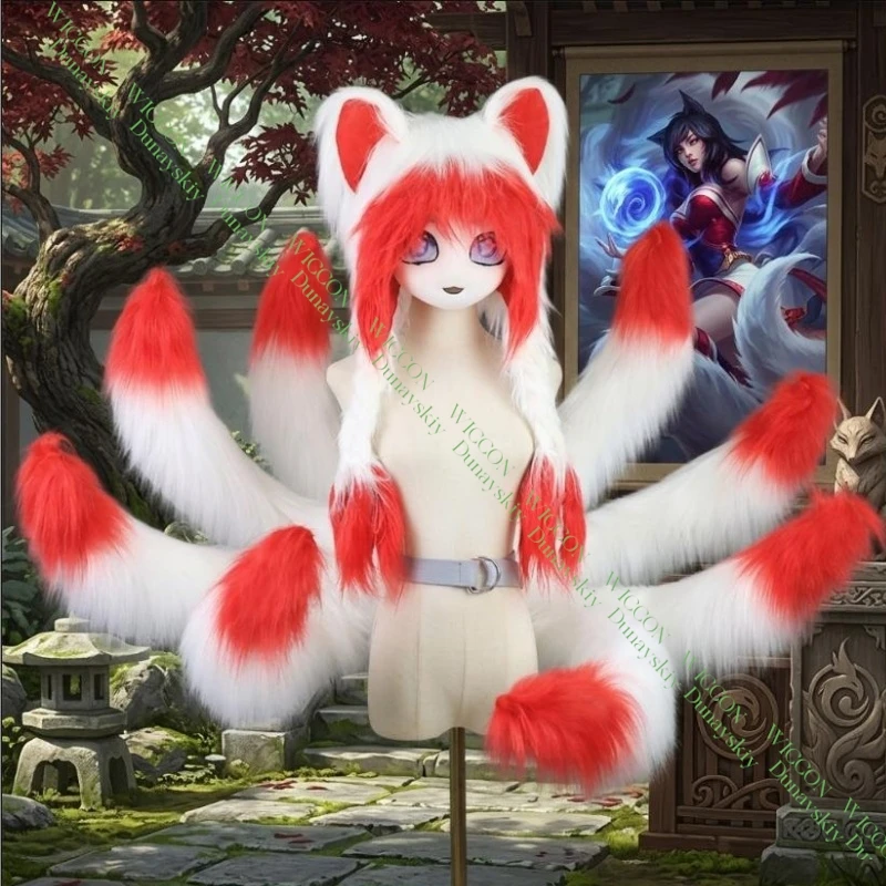 

Game Inspired Ahri Daji Cosplay Accessory Set Fluffy Nine Tails and Fox Ears White Red Design for Cos Convention Halloween Party