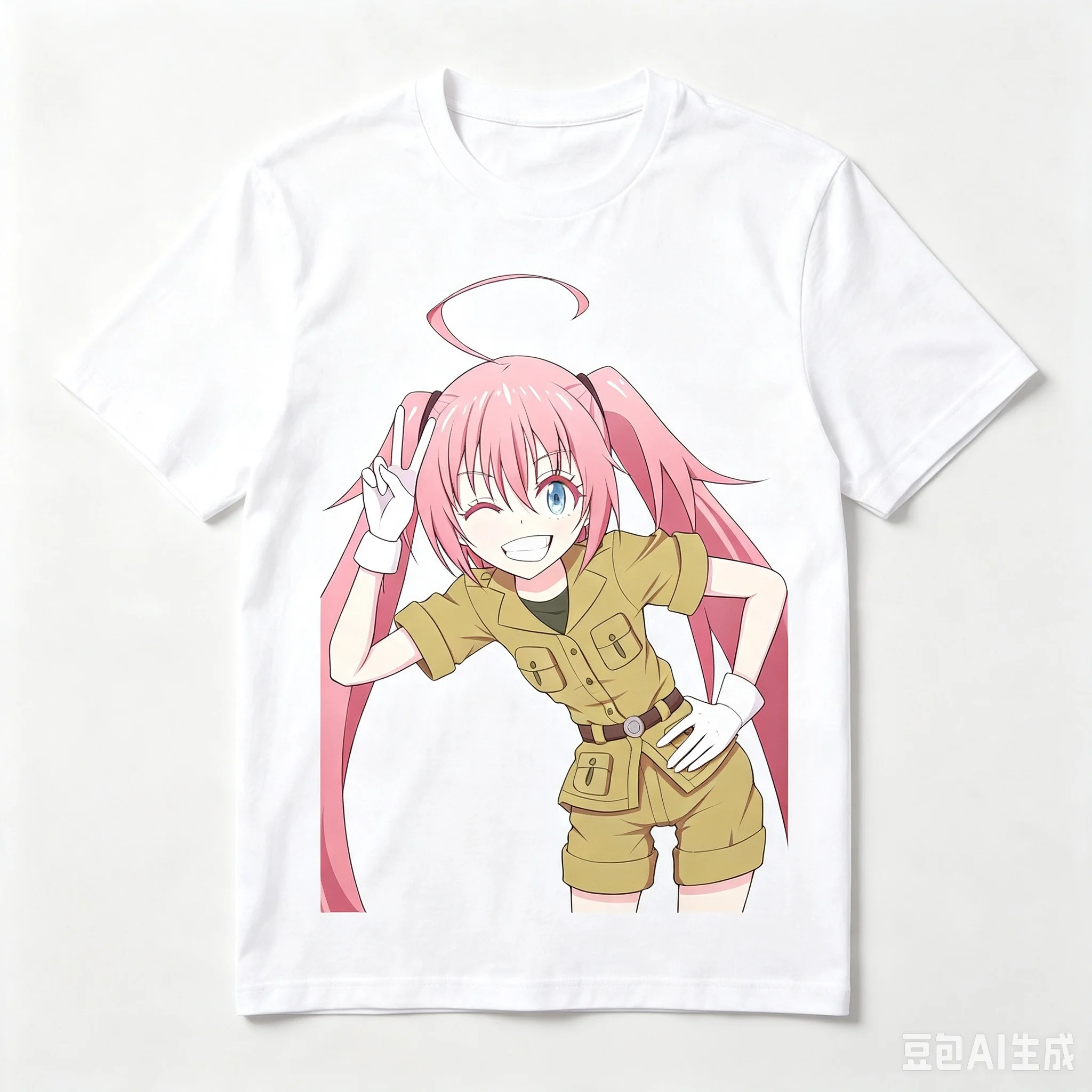 Milim Nava Safari Suit Peace Sign Anime Cutout Graphic Crew Neck Short Sleeve Comfortable Women And Men T-Shirt