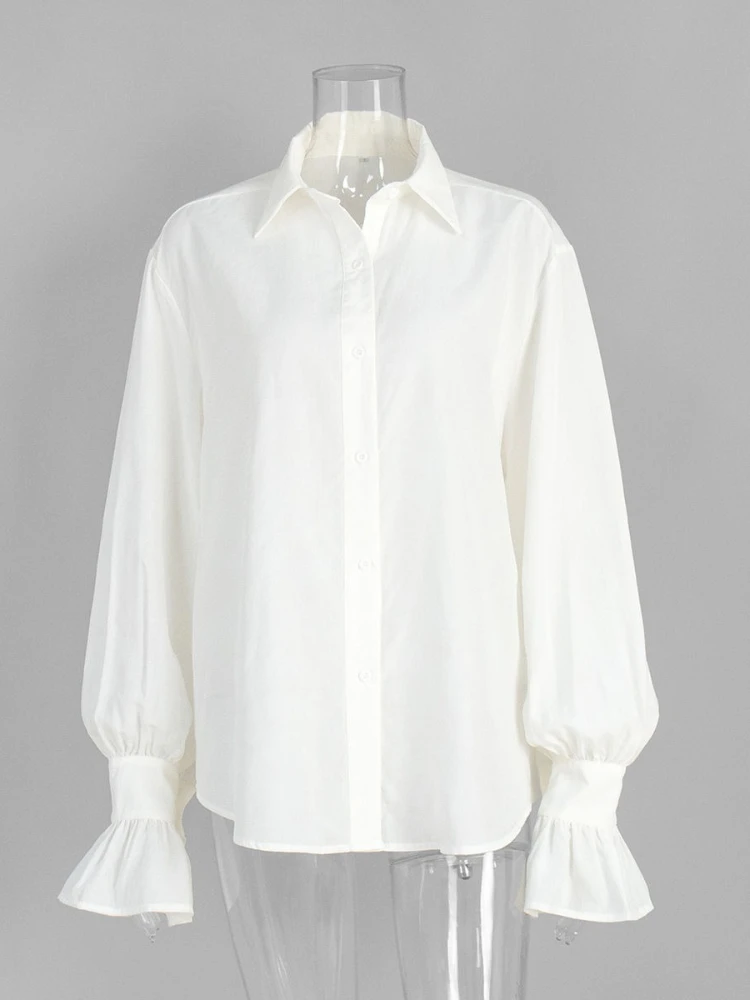 가을 신상 한국 패션 빈티지 우아한 여성 루즈핏 랜턴 소매 라펠 셔츠 오피스룩 캐주얼 솔리드 얇은 블라우스